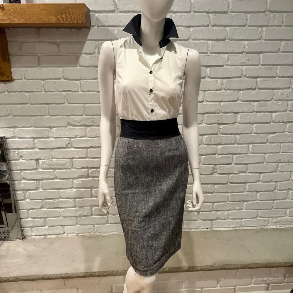 Black White Colorblock Sheath Dress Sleeveless Collared Pencil Dress Work Office